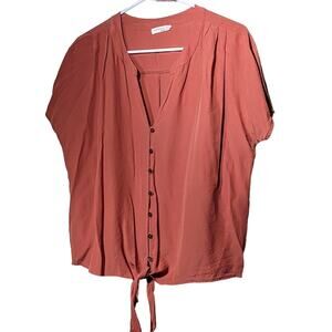 Lovestitch Brick V-Neck Button Up Tie Front Short Sleeve Blouse Womens Sz L